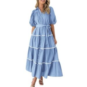 Pretty Garden Button Down Shirt Dress Short Puffy Sleeve Tiered Light Blue